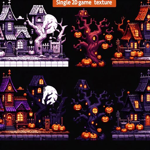 Town of Halloween.
Single Game Texture. In-Game asset. 2d. Blank background. High contrast. No shadows.