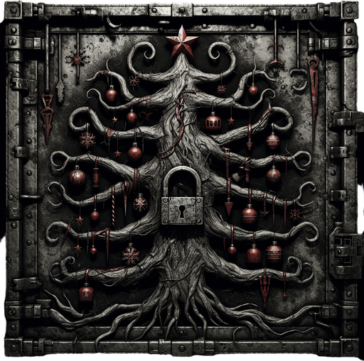 eerie christmas inspired tree lock with a resident evil style.
Single Game Texture. In-Game asset. 2d. Blank background. High contrast. No shadows.