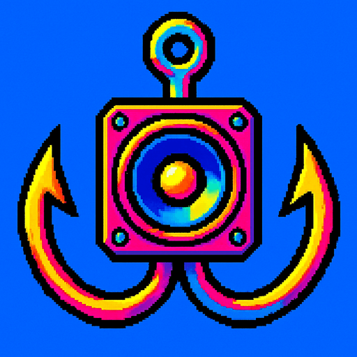 A double sided fishing hook with a small speaker in the center. 80s arcade machine graphics..
In-Game asset.  2d.  High contrast.  No shadows
