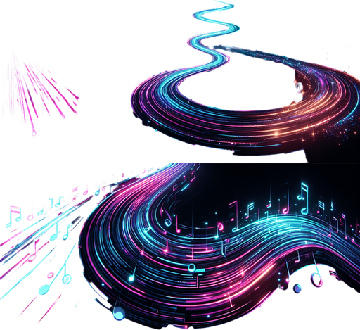 Design: A dynamic, glowing path that scrolls forward.

Style Options:

Cyberpunk neon rails

Floating musical staff lines

A galaxy wave track.
Single Game Texture.  In-Game asset.  2d.  Blank background.  High contrast.  No shadows