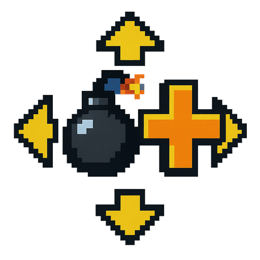 powerup icon for an additional range of the bomb explosion you can throw, retro arcade game.
In-Game asset.  2d.  High contrast.  No shadows
