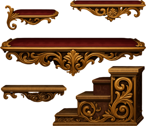 Design elegant, baroque-style 2D game platform with gold trim, carved floral designs, velvet or marble textures. Platform should feel like floating pieces of palace architecture — fancy, surreal, and majestic..
In-Game asset.  2d.  High contrast.  No shadows