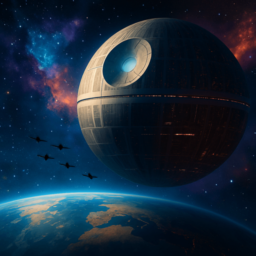 A dramatic sci-fi space background featuring a massive spherical orbital station inspired by the Death Star, orbiting a distant planet. The station has detailed surface structures, illuminated trenches, and a large superlaser dish glowing softly. Surrounding the station are small starfighters flying in formation against a vibrant starfield filled with colorful nebulas in shades of blue, purple, and orange. The distant planet below shows visible continents and atmosphere with soft clouds. The scene is cinematic and mysterious, with dynamic lighting and subtle lens flares to enhance depth and realism. High resolution, widescreen format, concept art style, original and copyright-safe..
In-Game asset.  2d.  High contrast.  No shadows