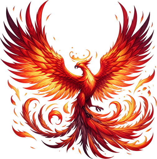 A fiery Phoenix with wings outspread..
Single Game Texture. In-Game asset. 2d. Blank background. High contrast. No shadows.