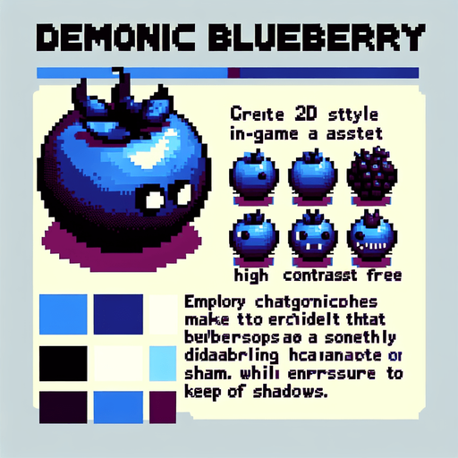a demonic blueberry pixel style.
Single Game Texture.  In-Game asset.  2d.  Blank background.  High contrast.  No shadows