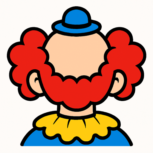 bir palyanço kafasının arka üsten görünümü çizgi film stili.
In-Game asset.  2d.  High contrast.  No shadows