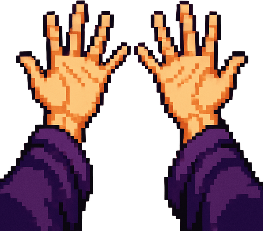 A first person view of set of hands splayed out as if to cast a spell. Facing away. Mystical robes around the wrists.  Pixel art
In-Game asset.  2d.  High contrast.  No shadows