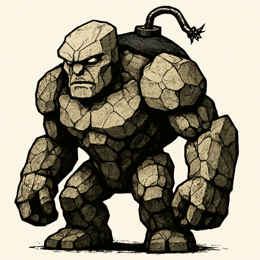 un golem de piedra ultra realista con una bomba en la espalda.
In-Game asset.  2d.  High contrast.  No shadows