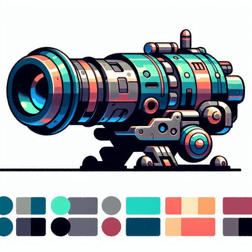 Type: 2D sprite (top-down or side view).
Style: Cartoonish or futuristic metallic cannon. colorful mixed colors
Animation: Slight recoil effect when shooting.
Size: Medium (fits at the bottom of the screen)..
Single Game Texture.  In-Game asset.  2d.  Blank background.  High contrast.  No shadows