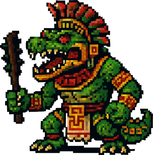 Genérame una Caiman llanero guerrero azteca con eso patrones, estilo pixelar, con una apariencia maligna, ojos rojos, rabioso. Unidad cuerpo a cuerpo. Animal.
In-Game asset.  2d.  High contrast.  No shadows