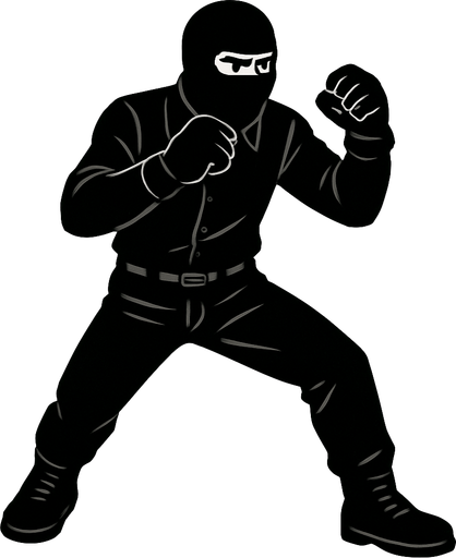 hombre con camisa negra de manga larga, pantalones negros, botas negras y guantes negros y un pasamontañas negro en posicion de combate.
In-Game asset.  2d.  High contrast.  No shadows