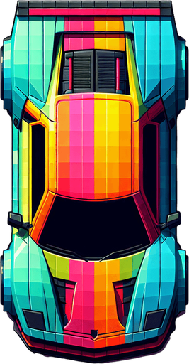 colorful car. orthographic top view.
Single Game Texture.  In-Game asset.  2d.  Blank background.  High contrast.  No shadows