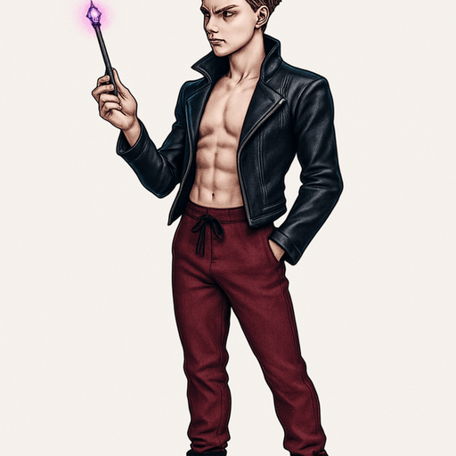 Swishy graceful man Cyberpunk manga, black leather biker jacket longsleeves shirtless Skinny abs blonde undercut pompadour vampire fangs guy, magic gemstone tipped wand, wine red joggers, combat boots, idle animation standing twirling wand, Background removed, "Full-body character, entirely in frame, no cropping of face, head, or feet" "Complete character visible, from head to toe, fully centered in the image" "Entire character, including hair face and boots, fully within the frame" Character fully contained within frame, no edges cut off, fashion model style of vogue magazine Hair through boots visible