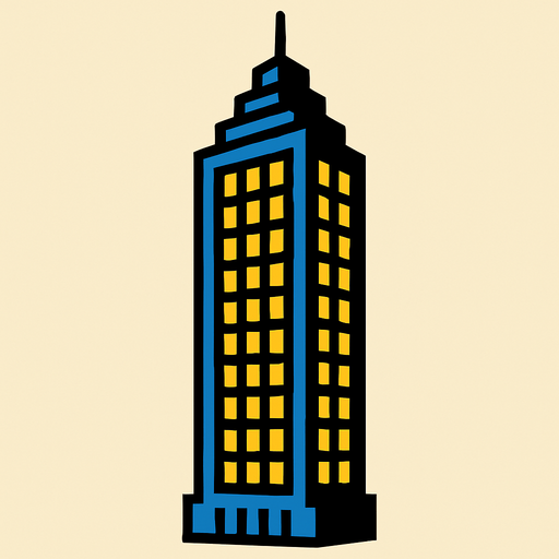 "A 2D in-game asset of a skyscraper, showing only one face of the tower. The design should be high contrast with no shadows.".
In-Game asset.  2d.  High contrast.  No shadows