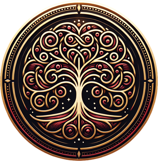 A circular emblem with a tree at its center, its branches intertwining with a glowing red lineage symbol..
Colors: Deep red, gold, and subtle white highlights.