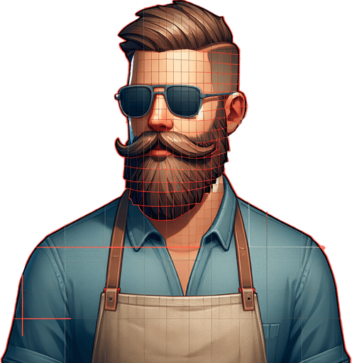 sakallı ve az bıyıklı  güneş gözlüklü 26 lı yaşlarda bir beyefendi ayak üstünde dursun üzerinde önlük olsun.
Single Game Texture.  In-Game asset.  2d.  Blank background.  High contrast.  No shadows