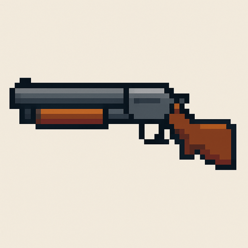 Pixel art shotgun less pixel.
In-Game asset.  2d.  High contrast.  No shadows. Pixel art
