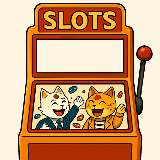 An electronic slots machine with the word Slots at the top. The section where the reels should be is a big empty rectangular window, no background. Underneath that window have a smaller graphic of the cats from this picture throwing chips into the air as a picture on the face of the slots machine. Like they’ve won a jackpot. Include the part where the buttons are, but have that part blank with no buttons. Background behind the image is white.