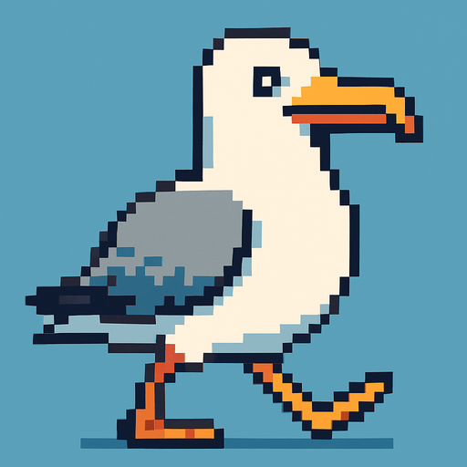very big seagull looking to the right, pixelart, walking.
In-Game asset.  2d.  High contrast.  No shadows