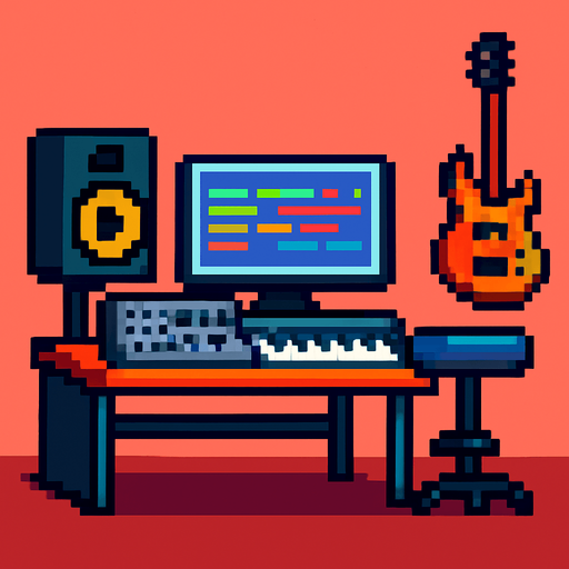 Music studio pixel.
In-Game asset.  2d.  High contrast.  No shadows