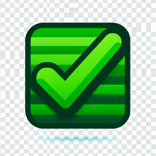 A bold green checkmark..
Single Game Texture. In-Game asset. 2d. Blank background. High contrast. No shadows.