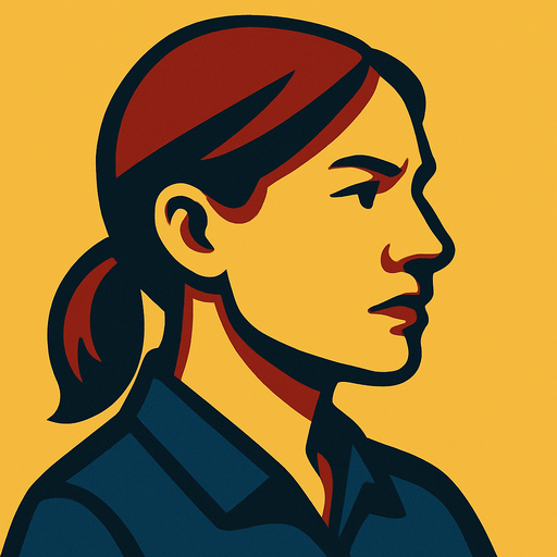 profile photo of a pragmatic woman.
In-Game asset.  2d.  High contrast.  No shadows