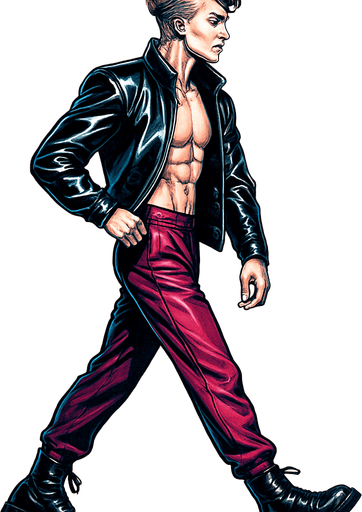 Swishy graceful man Cyberpunk manga, camera-facing arm bent In fro t of body, side profile view walking animation, shiny black leather biker jacket longsleeves shirtless Skinny abs blonde undercut pompadour guy, action shot wine red joggers combat boots, Background removed, "Full-body character, entirely in frame, no cropping of face, head, or feet" "Complete character visible, from head to toe, fully centered in the image" "Entire character, including hair and boots, fully within the frame" Character fully contained within a square frame, no edges cut off fashion model walking pose Style of vogue magazine
