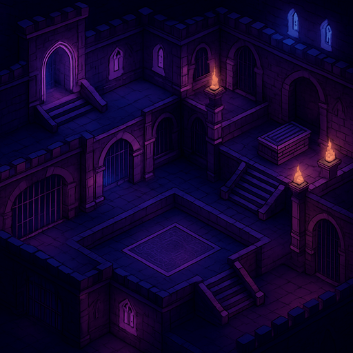 Top down isometric neon cyberpunk castle mansion interior dungeon background large