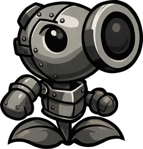 Make a peashooter that with gray armor and looks like it shoot cannon balls.
In-Game asset.  2d.  High contrast.  No shadows