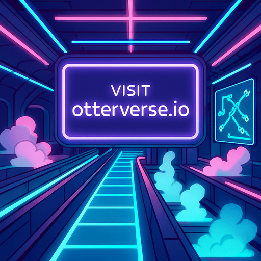 Render a subterranean transit hub lit by neon tubes and pulsating floor panels. The massive central screen displays ‘Visit otterverse.io’ in sleek futuristic font. Incorporate moving walkways, holographic route maps, and vapor clouds rising from vents—no character or coin elements..
In-Game asset.  2d.  High contrast.  No shadows