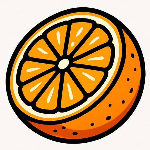 Naranja Circular Cortada por la mitad.
In-Game asset.  2d.  High contrast.  No shadows. Cartoon.