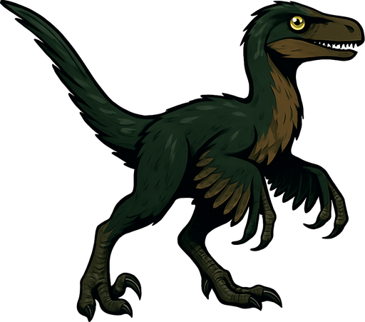 A sleek Deinonychus dinosaur covered with dark green and brown feathers, showing a mix of short downy feathers on the body and longer, quill-like feathers on the arms and tail. It has bright, alert eyes and a narrow head with sharp teeth visible. The legs are muscular with the signature sickle-shaped claws. Feathers have a glossy texture, giving the dinosaur a dynamic, bird-like appearance..
In-Game asset.  2d.  High contrast.  No shadows