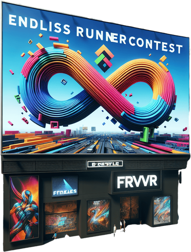 street ad billboard with the FRVR logo (multi-color infinte sign with right loop bigger than the left one) about the "Endless Runner Contest".
high definition video game sprite