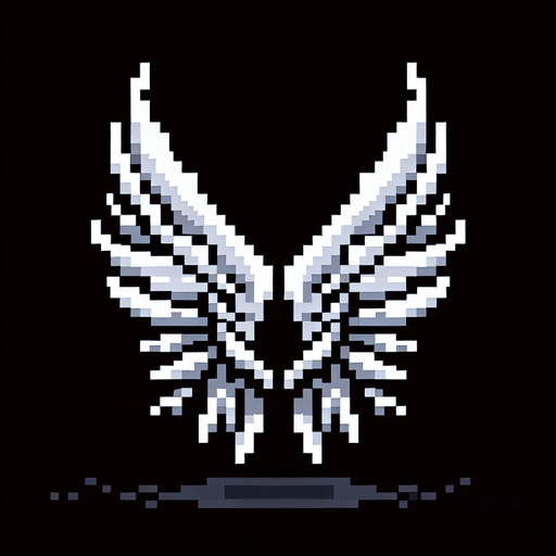 An icon of white wings. Pixel art..
Single Game Texture.  In-Game asset.  2d.  Blank background.  High contrast.  No shadows