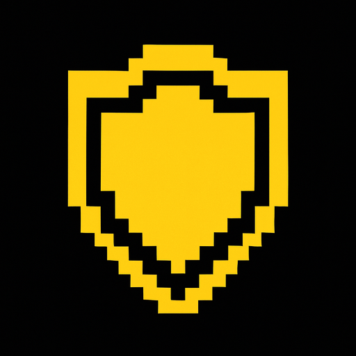 Símbolo de escudo pixelado con pixeles amarillos.
In-Game asset.  2d.  High contrast.  No shadows