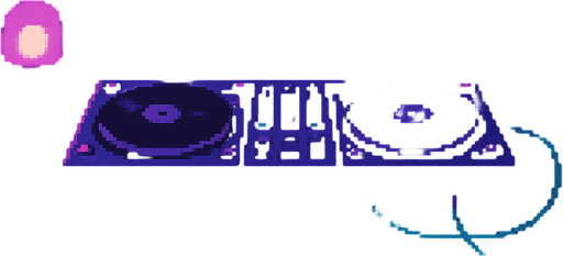 A 2048x2732 vertical pixel art background for the main menu of a rhythm game. The scene shows a moody, neon-lit cityscape at night through a big window behind a cozy, minimal DJ setup. The foreground includes soft lights, vinyl records, and glowing cables. Background buildings feature soft pulsing lights and pixel-style clouds or stars. The mood is dreamy, lo-fi, and rhythmic, with purple, indigo, and cyan tones. No characters or text, just a calm and stylish menu background..
In-Game asset.  2d.  High contrast.  No shadows