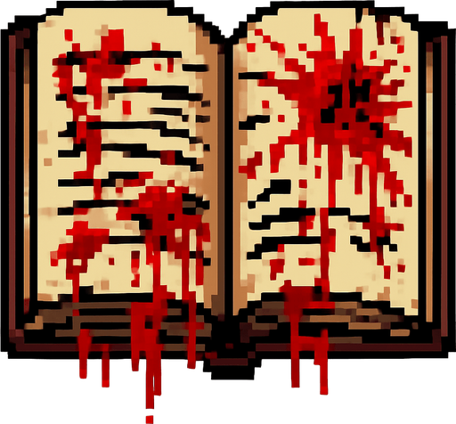 an open book with blood, terrifying pixel art.
In-Game asset.  2d.  High contrast.  No shadows