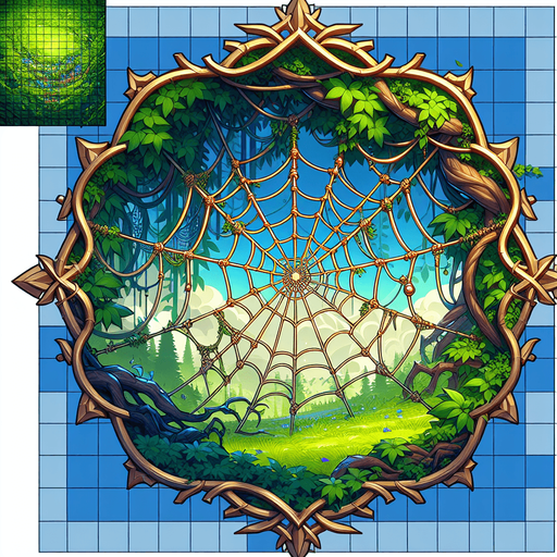 amazing spider web on tree branch. anime image. green landscape
Single Game Texture.  In-Game asset.  2d.