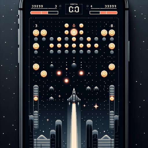 A clean and minimalistic game interface for a Galaxian-inspired game, viewed flat and straight from the front as a mobile app UI. At the bottom of the screen is a sleek, centrally aligned starship designed to fire single projectiles upward. The background features a simple, dark space theme with scattered stars and soft gradients, maintaining a futuristic yet uncluttered aesthetic.

At the top of the screen, coins are arranged in an 8-column by 4-row grid formation, resembling a classic bug-like pattern. Among these, four consecutive coins in the central row are replaced with glowing red digits '3,' '6,' '9,' and '8,' positioned prominently. These digits are larger, brighter, and pulse subtly, making them stand out distinctly from the neutral-colored coins while remaining seamlessly integrated into the grid. The clean layout highlights the digits' importance while keeping the overall design sleek and user-friendly.
Single Game Texture. In-Game asset. 2d. Blank background. High contrast. No shadows.