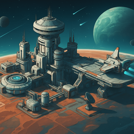 Fullscreen modern App Store landscape banner, 16:9, high definition, for a game titled "Gezegen" and with the description "Kendi uzay kolonini kur, kaynakları topla, otomasyon sistemleri geliştir ve diğer kolonilerle stratejik savaşlara girerek galaksinin hakimi ol!". No text on banner!, Uzay istasyonu, Gezegen