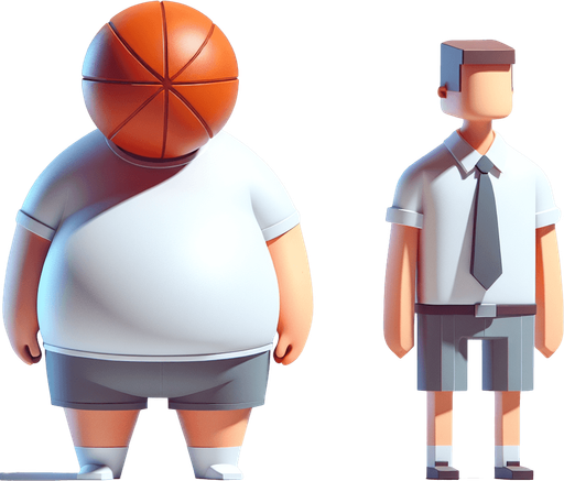 Fat obese Man, next to skinny man. Ball for head. Cartoon 3d. Flat. Clipart  high-detail. In-Game asset. 2d. Blank background. High contrast. No shadows.