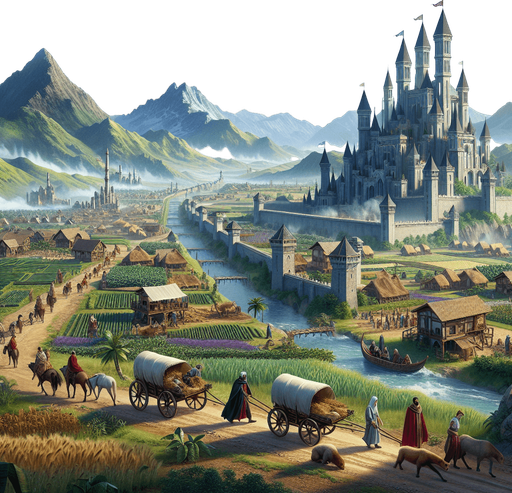 "A grand medieval-fantasy empire in a semi-realistic art style, featuring a thriving kingdom with towering castles, bustling trade markets, and well-planned roads connecting different towns. The scene includes farmers tending fields, merchants with carts full of goods, soldiers guarding the city gates, and distant mountains on the horizon. Defensive walls protect the kingdom, while caravans move across a strategic trade route. The environment is vibrant, with lush greenery, rivers flowing through the land, and players directing resource management and expansion from a bird's-eye view.".
Single Game Texture.  In-Game asset.  2d.  Blank background.  High contrast.  No shadows