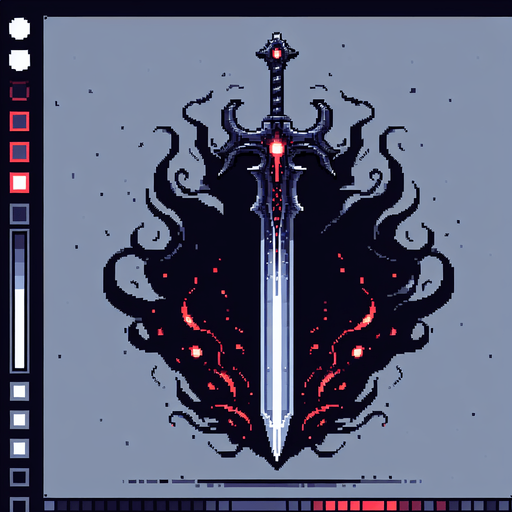 pixel art of an evil fantasy sword facing downward. Minor red details.
Single Game Texture. In-Game asset. 2d. Blank background. High contrast. No shadows.
