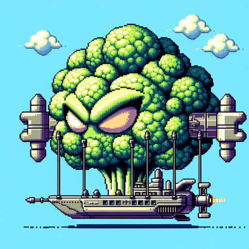 an evil broccoli airship.
Single Game Texture. In-Game asset. 2d. Blank background. High contrast. No shadows. 8bit