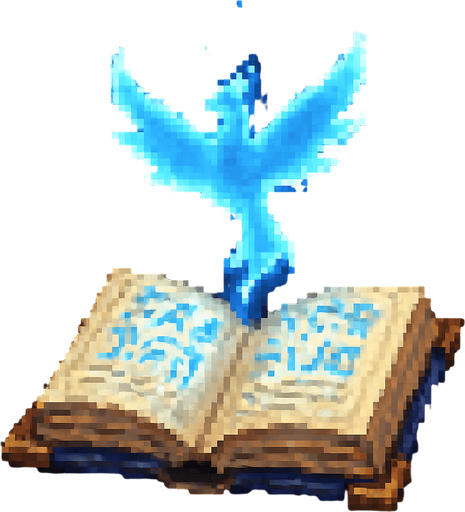"2D pixel art of a glowing blue bird symbol emerging from an open magical spellbook. The spellbook has worn covers and glowing arcane runes on its pages. The bird symbol floats above the book, made of shimmering blue magical energy, with soft glowing edges and a slightly transparent, ethereal look. It represents a magical creature or summon. Designed in classic 16-bit fantasy RPG pixel art style. Transparent background.".
In-Game asset.  2d.  High contrast.  No shadows