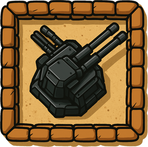 Top view of an Black defense Military tower large Anti air automatic triple barrel cannons, in the desert, the image has a square border outlined by military defense Brown sandbags.
In-Game asset.  2d.  High contrast.  No shadows
