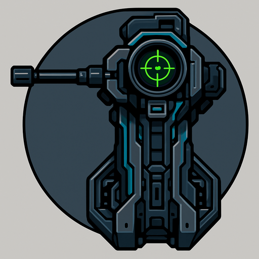 top-down view, futuristic sniper defense tower, mechanical turret base, integrated long-range scope with green targeting reticle, high-tech cyberpunk machine parts, sleek tower design, circular top down, symmetrical.
In-Game asset.  2d.  High contrast.  No shadows