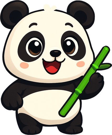 A cute cartoon-style panda character for a mobile game. Chubby body with classic black and white fur, big round eyes with a sparkle, small ears, sitting or standing upright with a happy, playful expression. Holding a bamboo stick or waving. Colorful, simple background. High-quality digital illustration, ideal for a children’s game.”.
In-Game asset.  2d.  High contrast.  No shadows. cartoon style