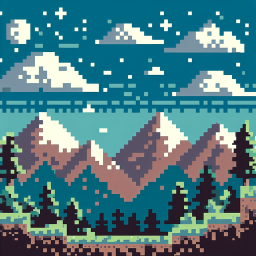 moutain landscape in pixelate look, make the background horizontally loopable.
Single Game Texture. In-Game asset. 2d. Blank background. High contrast. No shadows.