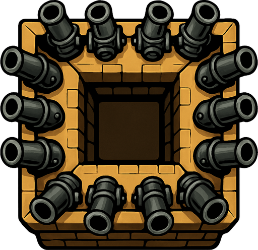 torre con 10 cañones desde arriba.
In-Game asset.  2d.  High contrast.  No shadows